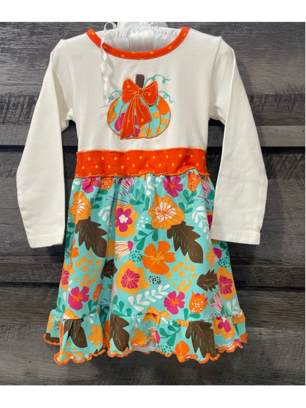AnnLoren 2-3T Girl Pumpkin & Autumn Leaves Ruffle Long Sleeve Dress Thanksgiving